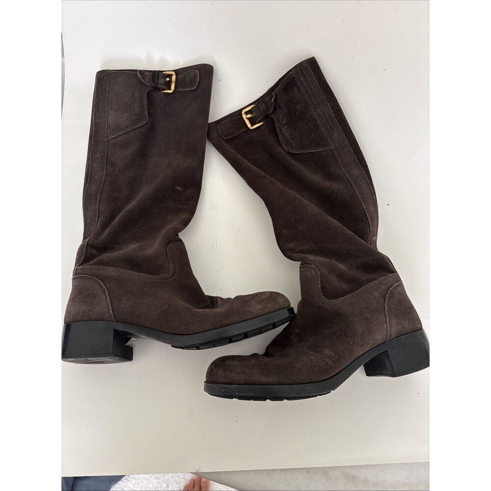 EUC Prada Boots Chocolate Brown Suede Leather Riding Rubber Soles Sz 38 8 US